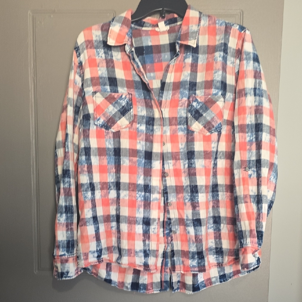 Tribal Women's Plaid Button Down Shirt - Blue and Pink